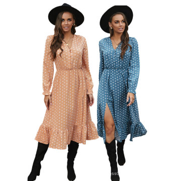 2021 New Arrivals Wholesale Women Dot Print High Quality Slit Ruffle Long Sleeve Fashion Elegant Sexy Casual Midi Bohemian Dress